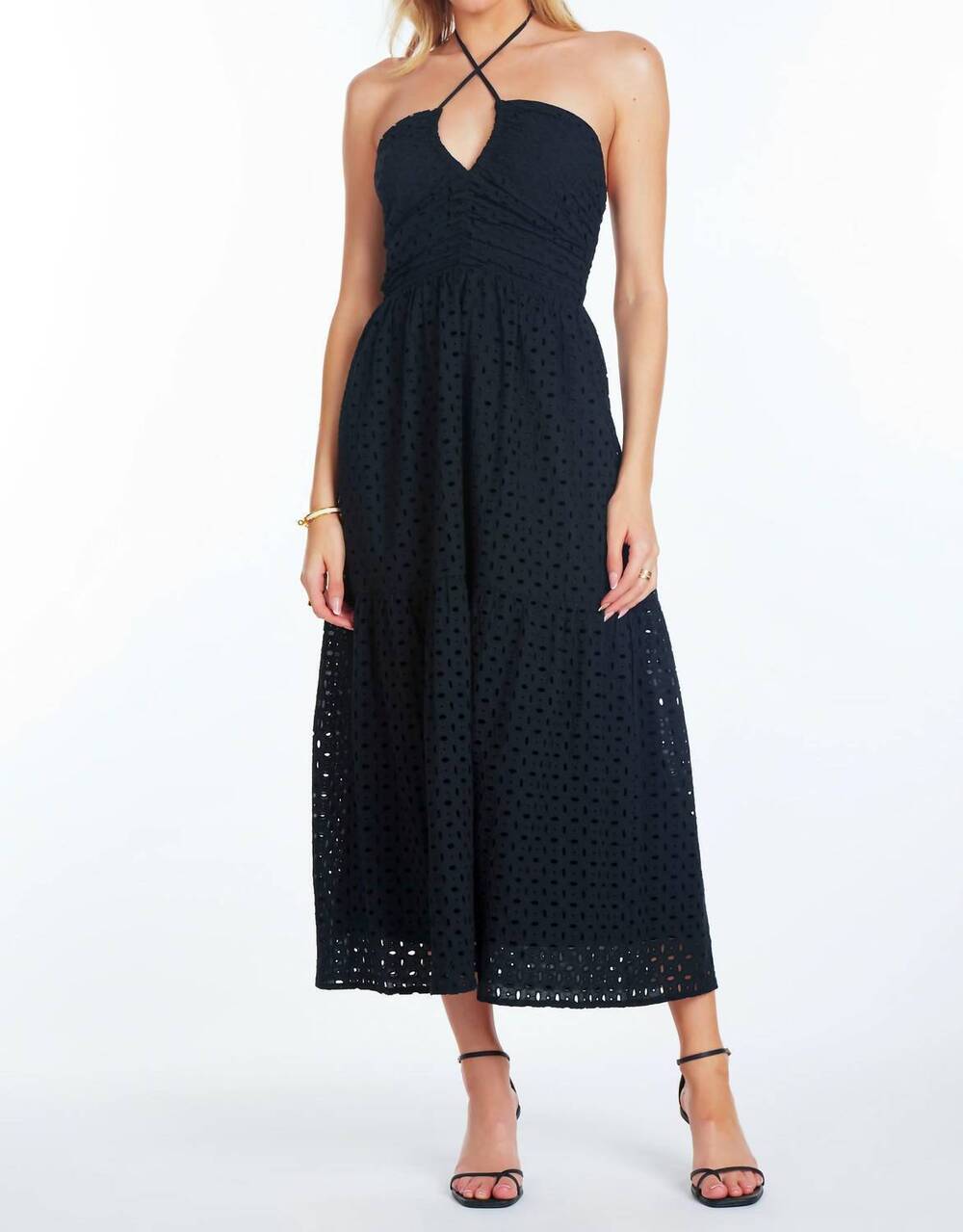 NEW BISHOP + YOUNG aeries halter midi dress in black eyelet